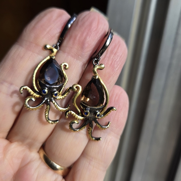 Smokey Quartz & Sapphire Sterling Gold & Rhodium Octopus ๐ Earrings - Picture 3 of 7